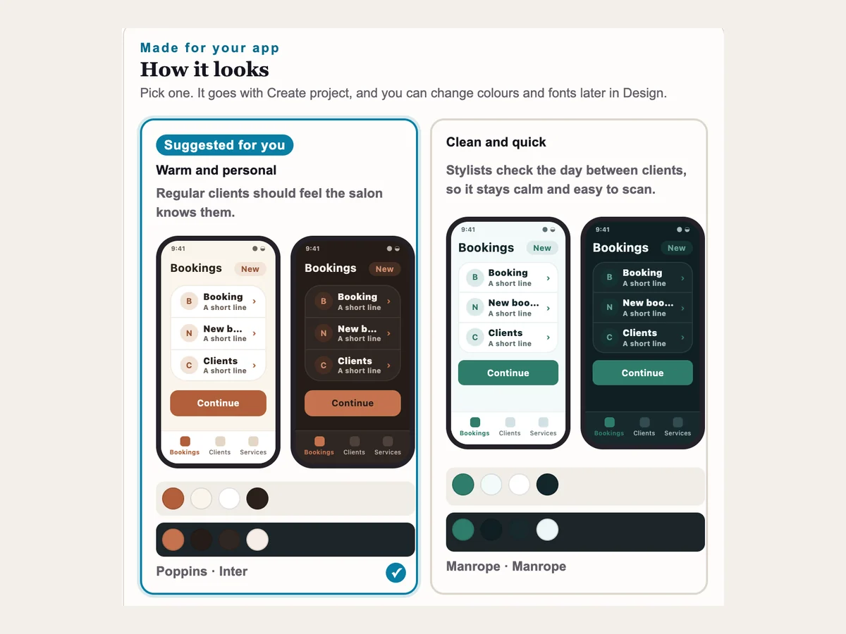 Des styles faits pour cette application, montrés sur ses propres écrans.